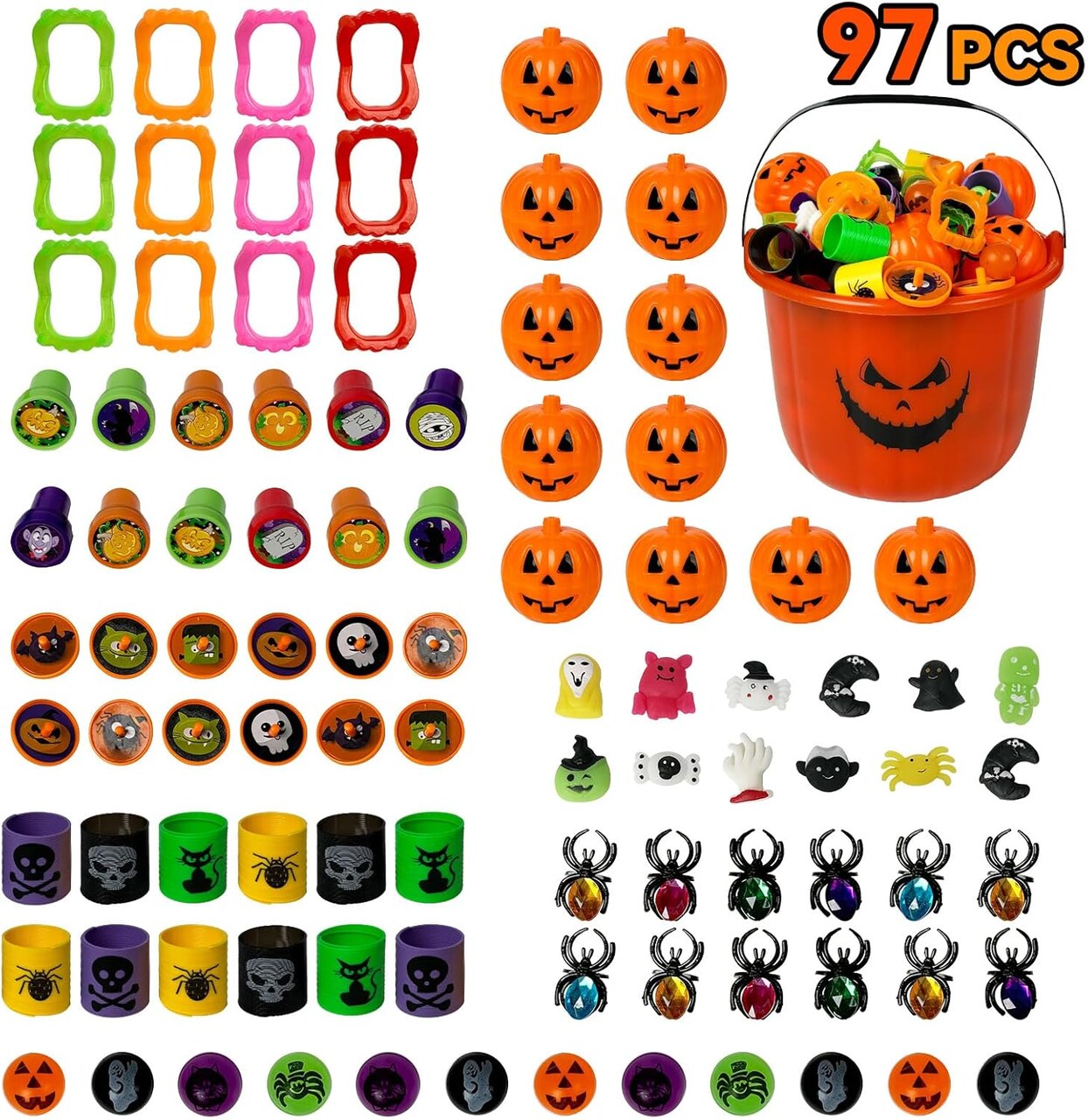 96PCS Halloween Toys in Bulk Halloween Prefilled Plastic Pumpkins Buckets (96-pcs Halloween Gift Pack)